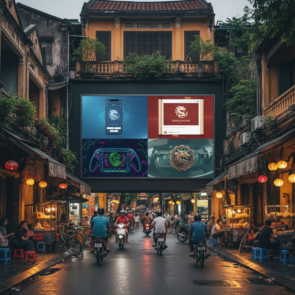 Các dạng ứng dụng logo chuyển đổi số trên màn hình kỹ thuật số tại Việt Nam.