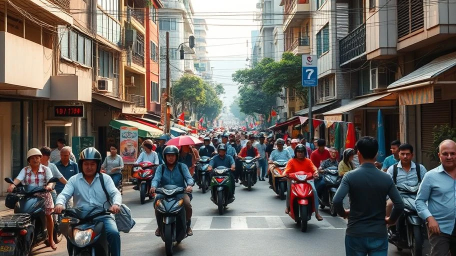 Hình ảnh khu phố đông đúc tại Việt Nam thể hiện sự tự do và chủ động.
