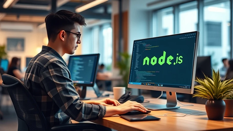 Hình ảnh thực tế về một lập trình viên đang làm việc với Node.js
