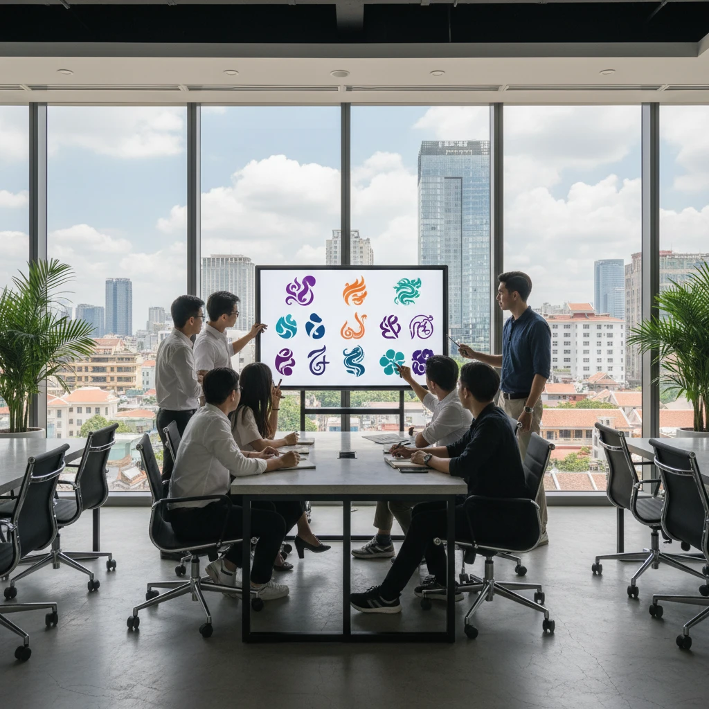 Hình ảnh ý tưởng thiết kế logo chuyển đổi số trong văn phòng hiện đại ở Việt Nam.