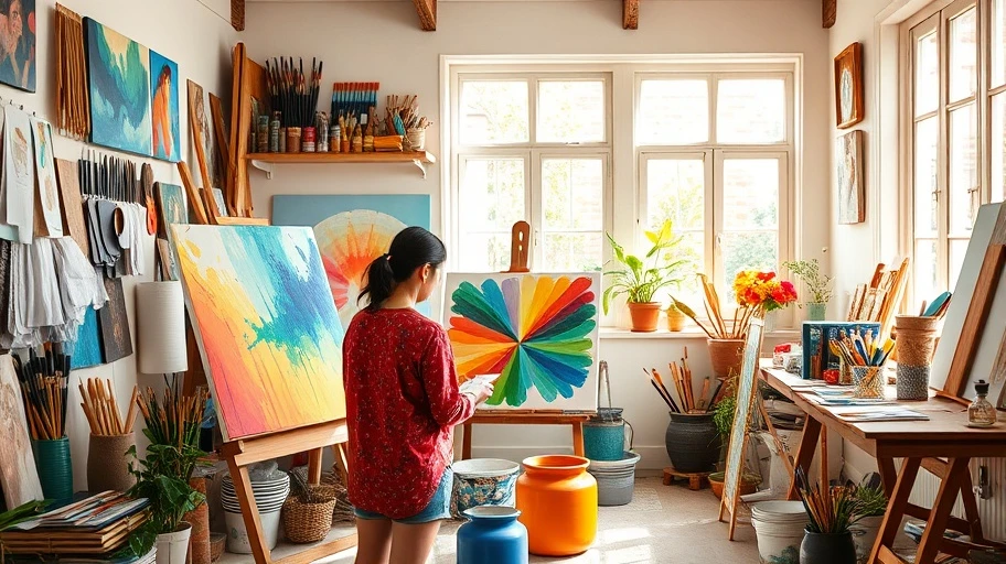 Nghệ sĩ Việt Nam sáng tạo trong một phòng studio đầy màu sắc.