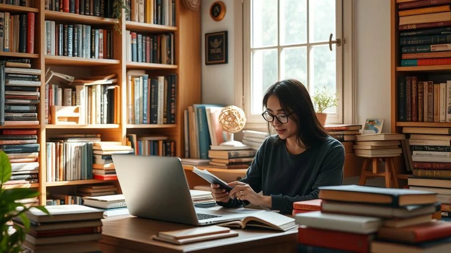 Tác giả Việt Nam viết trong không gian ấm cúng với sách và máy tính xách tay.