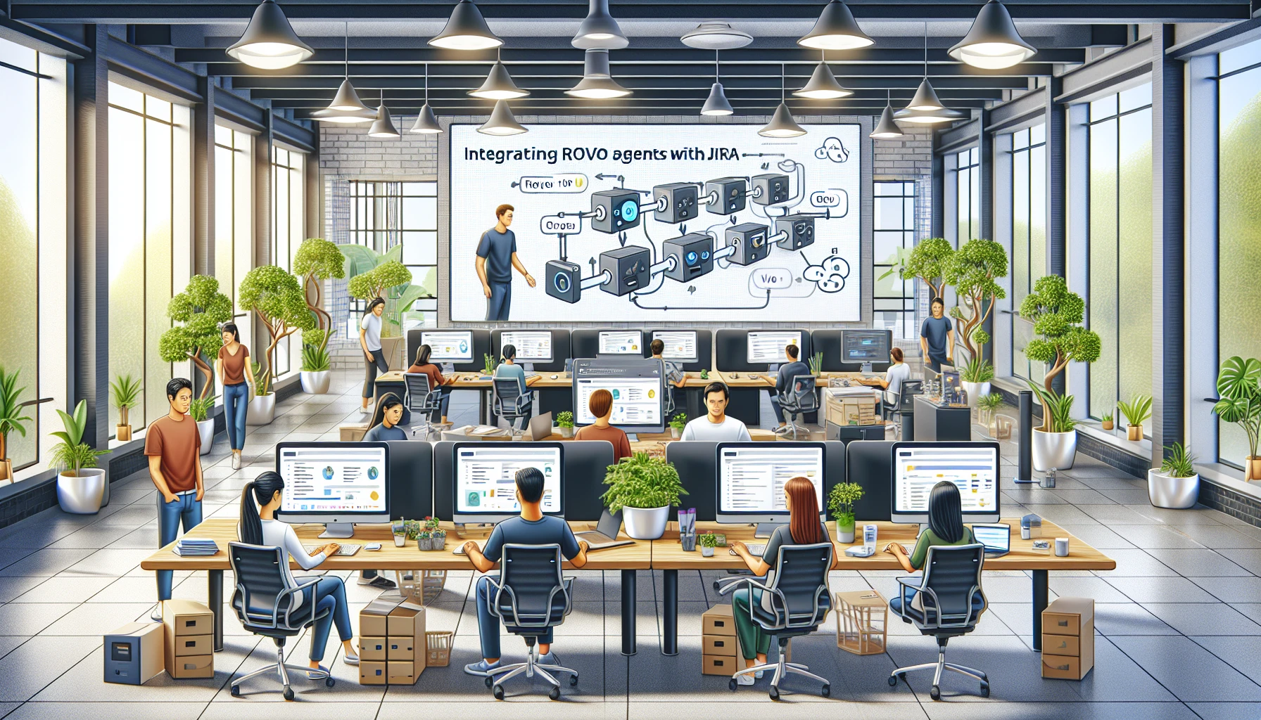 Tích hợp Rovo Agents với Jira trong văn phòng công nghệ.